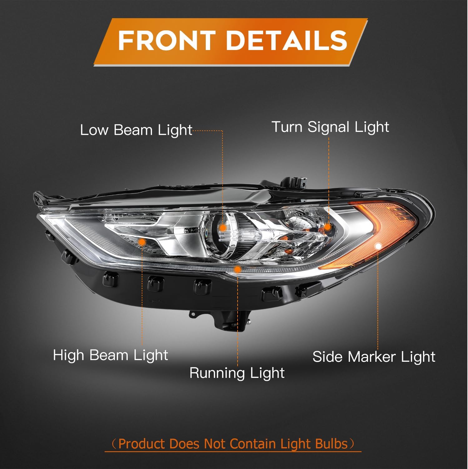 Headlight Assembly for ford for Fusion 2017-2020 Black Housing Amber Reflector Clear Lens Driver Side Headlamp