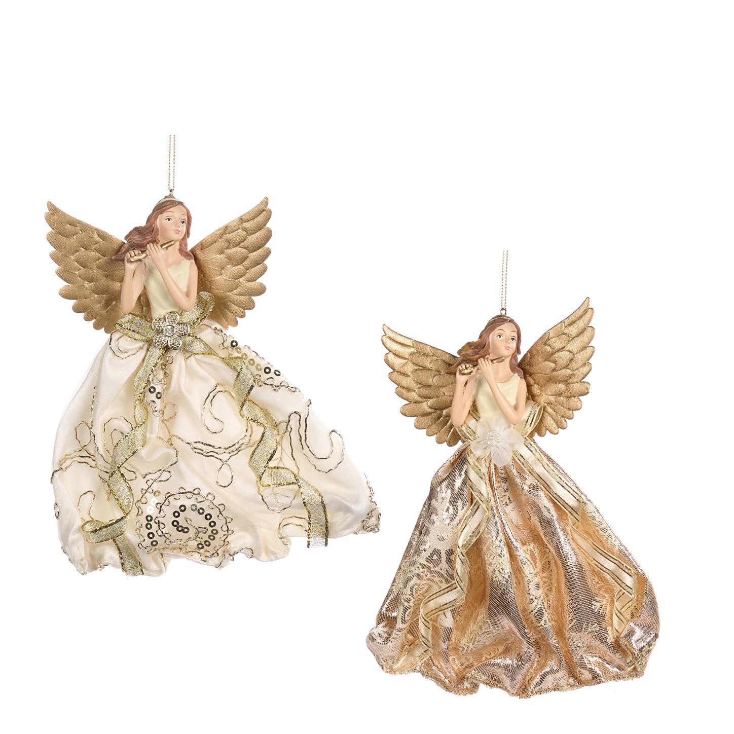 Goodwill Juego de 2 adornos navideños de resina y tela, diseño de ángel volador con instrumento musical, color crema y dorado, 23 cm