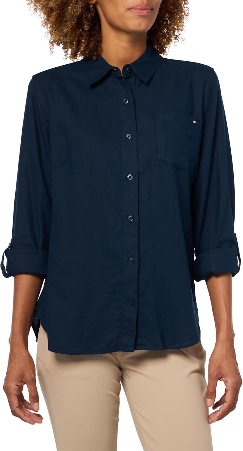 Tommy Hilfiger Women's Lightweight Linen Long Sleeve Button Down Shirt in Regular Fit with Roll Up Sleeve Linen Blouse
