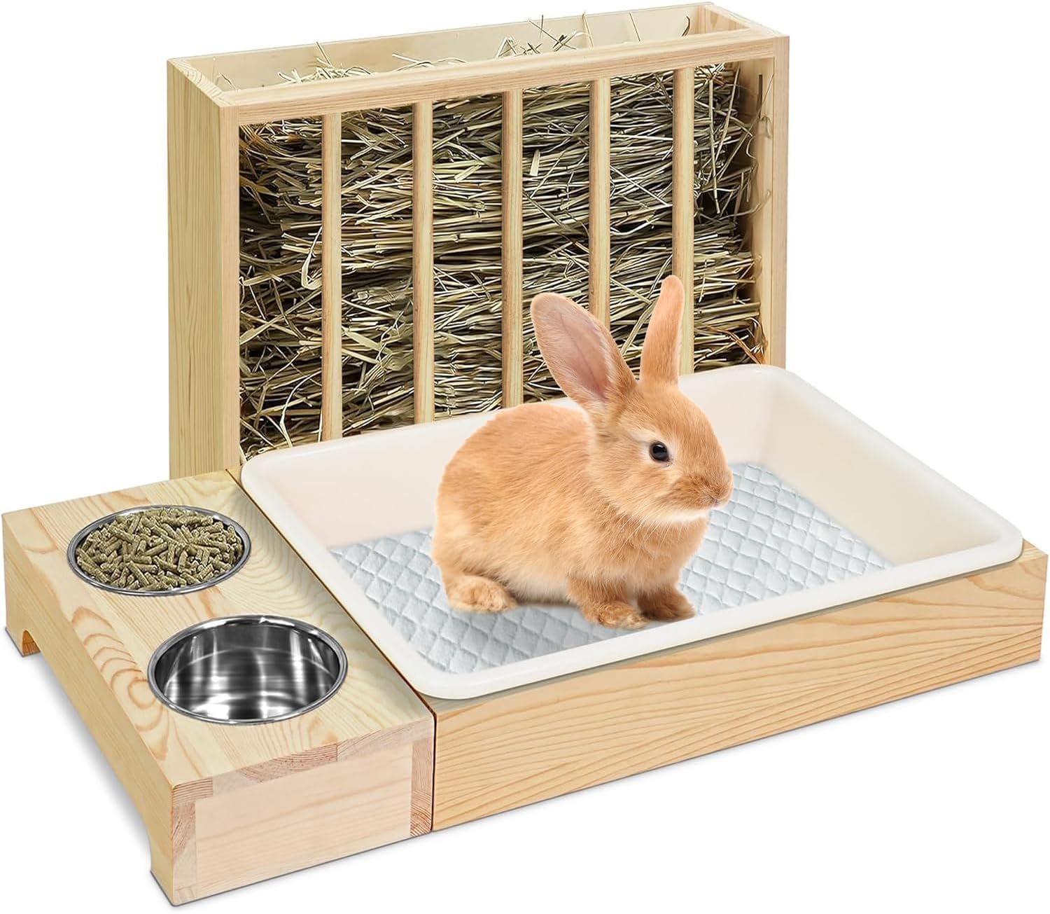 Angju 3 in 1 Rabbit Hay Feeder with Litter Box,Wooden Hay Feeder with 2 Bowls & Litter Box for Guinea Pig Chinchilla Bunny Other Small Animals,Large Capacity & Preventing Waste