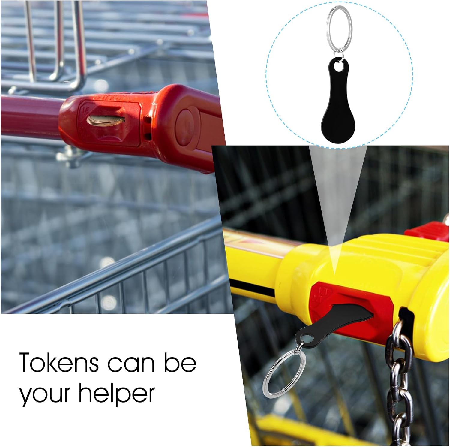 Molain 3 Pieces Shopping Cart Quarter Keychain, Stainless Steel Cart Key, Portable Alloy Key Ring Quarter Holder Keychain for Grocery Shopping Trolley Token(Black) image 5