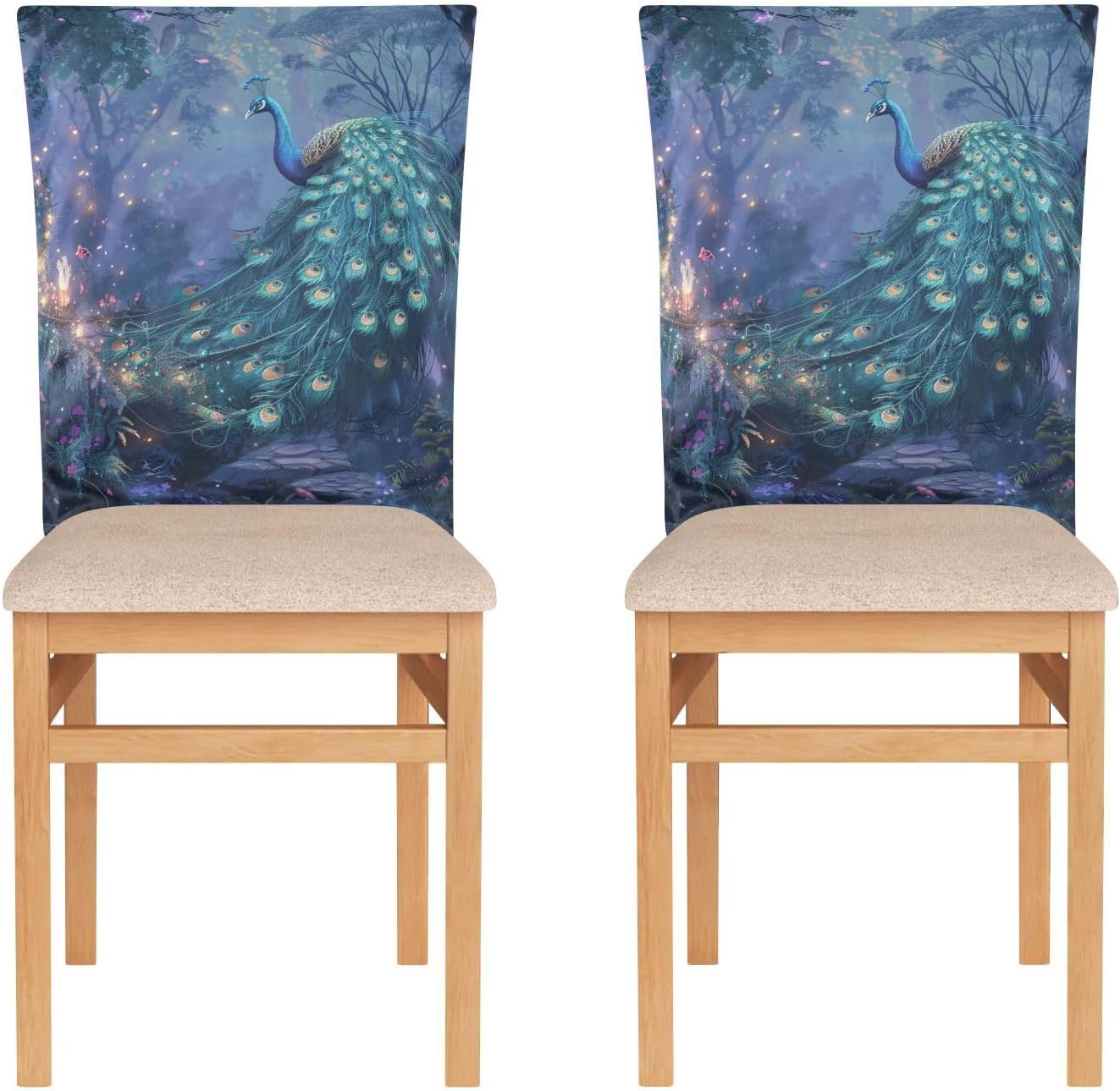 ALAZA Beautiful Peacock in The Forest Chair Back Cover Set of 6, Washable Reusable Removable Chair Slipcovers Decorative Chair Cover for Home Kitchen Wedding Party