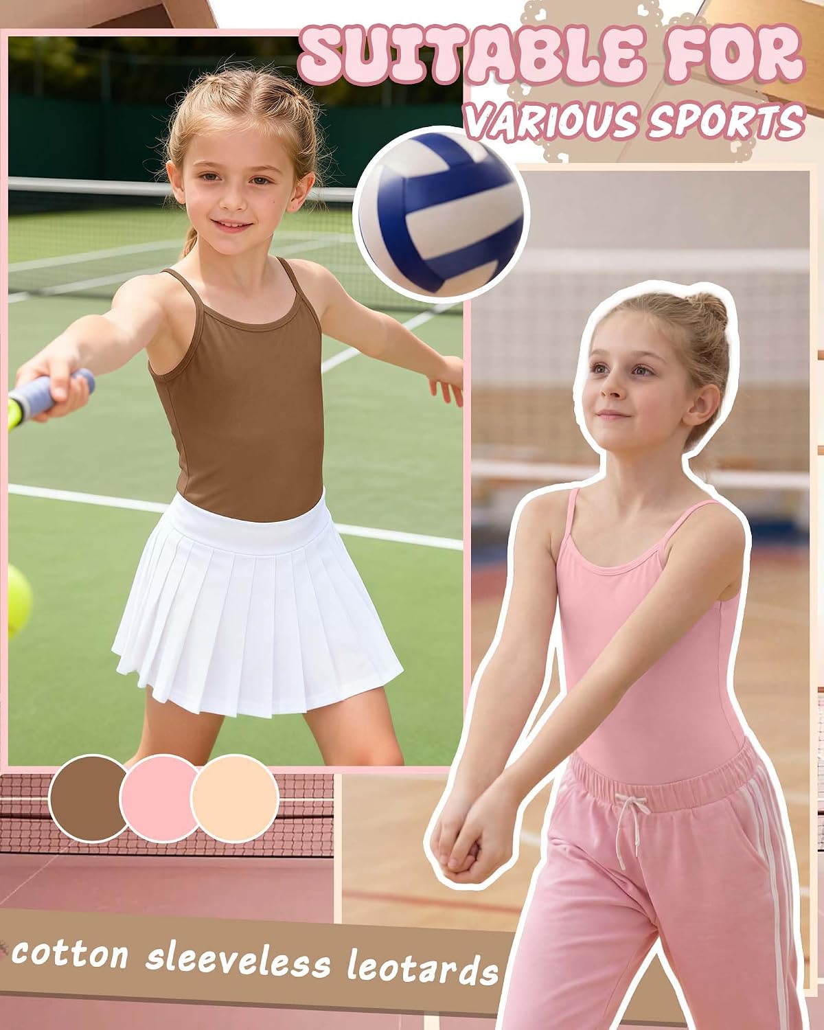 3 Pack Girls Camisole Leotards Cotton Sleeveless Bodysuit Dance Ballet Gymnastics Adjustable Strap for Kids Toddler
