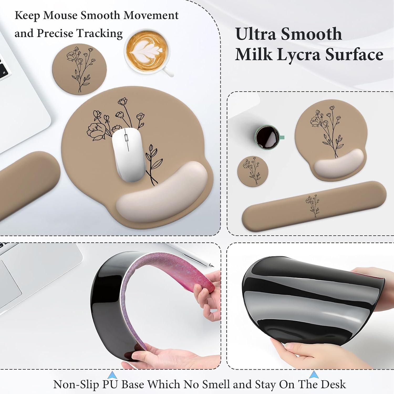 3 in 1 Ergonomic Mouse Pad and Keyboard Wrist Rest with Coaster Set-Brown image 3