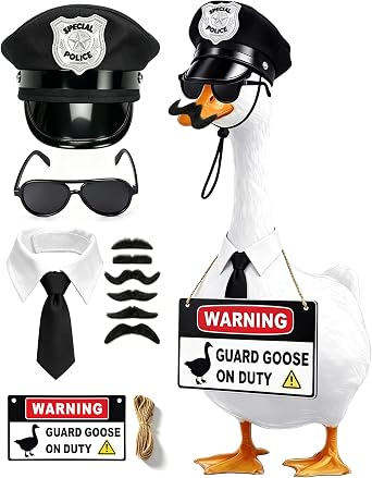 Hikkcos 10 Pcs Porch Goose Outfits Police Costume Accessories Set with Police Hat, Mini Sunglasses, Tie, 6 Styles Fake Mustaches, Guard Goose On Duty Sign Decor for Halloween Yard Porch Lawn