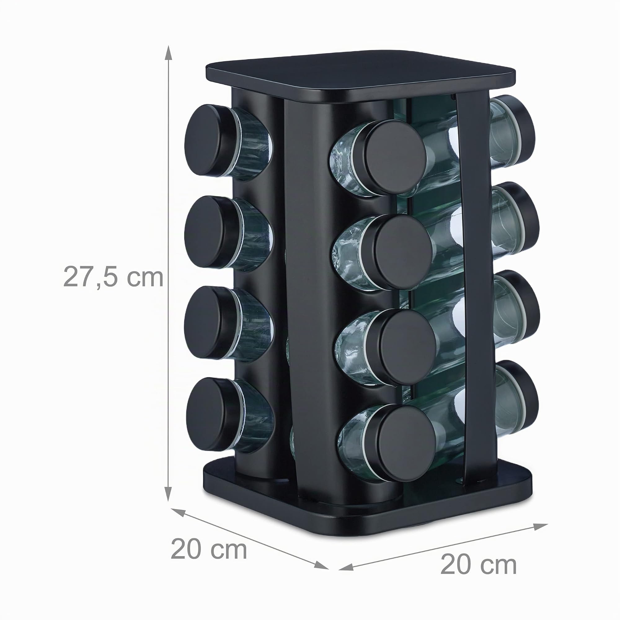 Relaxdays Portaspezie Girevole da Cucina, 16 Barattoli, Rotante a 360°, HLP: 27,5x20x20 cm, Acciaio Inox e Vetro, Nero