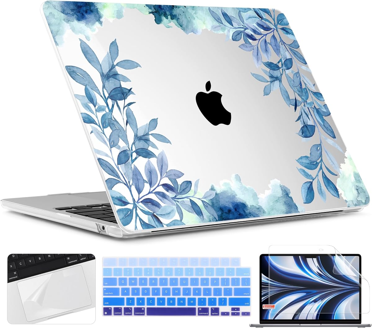 TWOLSKOO for MacBook Air 13 inch Case M5 2026 M4 2025 M3 M2 2024-2022 A3449 A3240 A3113 A2681, Plastic Hard Shell & Keyboard Cover & Screen Film for MacBook Air 13.6 inch Case, Blue Floral