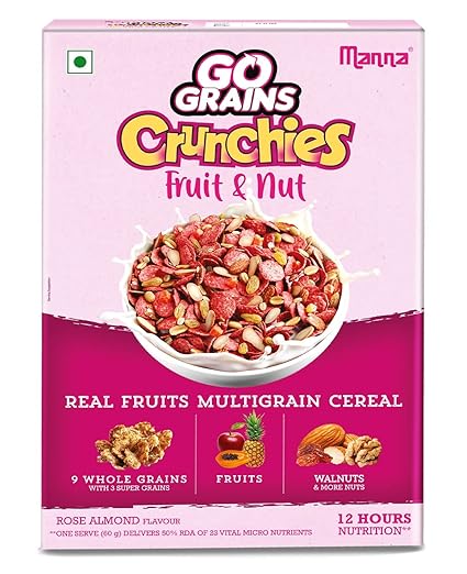 Manna Breakfast Cereal (Multigrain) for Kids 300g, Rose Almond | Millets, Nuts & Raisins | Go Grains Crunchies