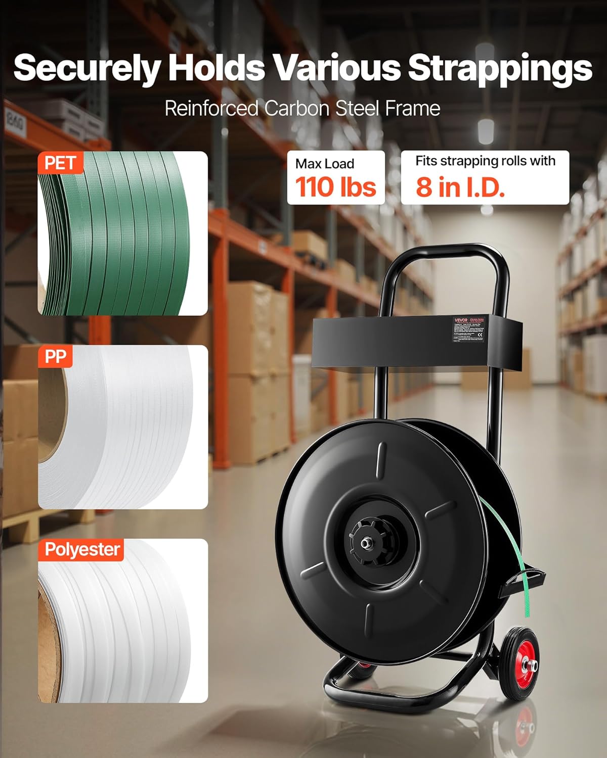 VEVOR Banding Strapping Cart, Fit for PET/PP/Polyester Strapping Coils with 8 inches Core Size, Heavy Duty Strapping Dispenser Equipped with Upgrade Brake System, Built-in Spacious Tray for Tools