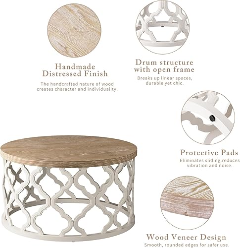 Miniatura 4 de Mesa de centro estilo casa de campo Karlott, mesa de café redonda de estilo campestre francés, mesa de café costera con parte superior desgastada,