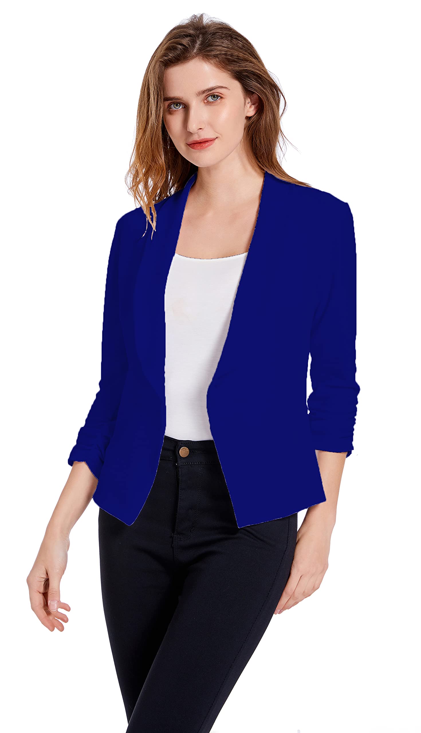 sunfaynis Women's Soft Stretchy Lightweight Cardigan Blazer One Button 3/4 Ruched Sleeve Business Casual Blazer Jackets-picture-20