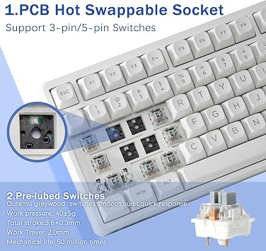 HUO JI Wired Mechanical Keyboard Hot Swappable Lubricated Linear Switch Gasket Construction 5 Layer Sound Damping Foam RGB Backlit 99 Keys Gaming Keyboard for PC/Mac White
