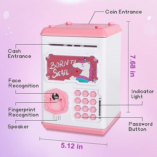 Miniatura 4 de CWLAKON Alcancía para niñas banco electrónico de dinero para niños escaneo de huellas dactilares y rostro código de contraseña bloqueo de moneda en