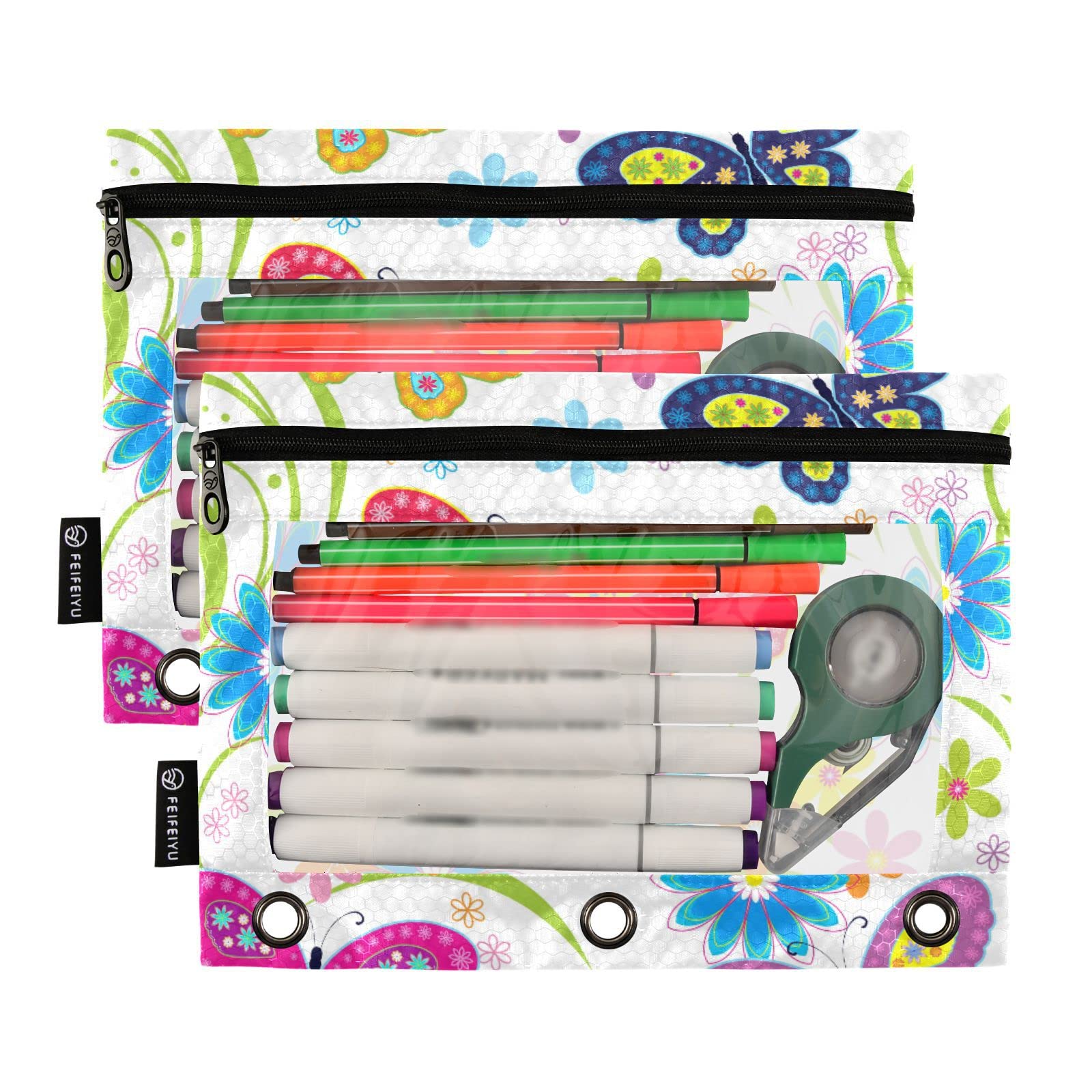 Estuche para lápices con 3 bolsillos para carpetas de anillos, paquete de 2 bolsas con cremallera, mariposas de colores, flores, carpeta transparente de 3 agujeros para carpetas de 3 anillos