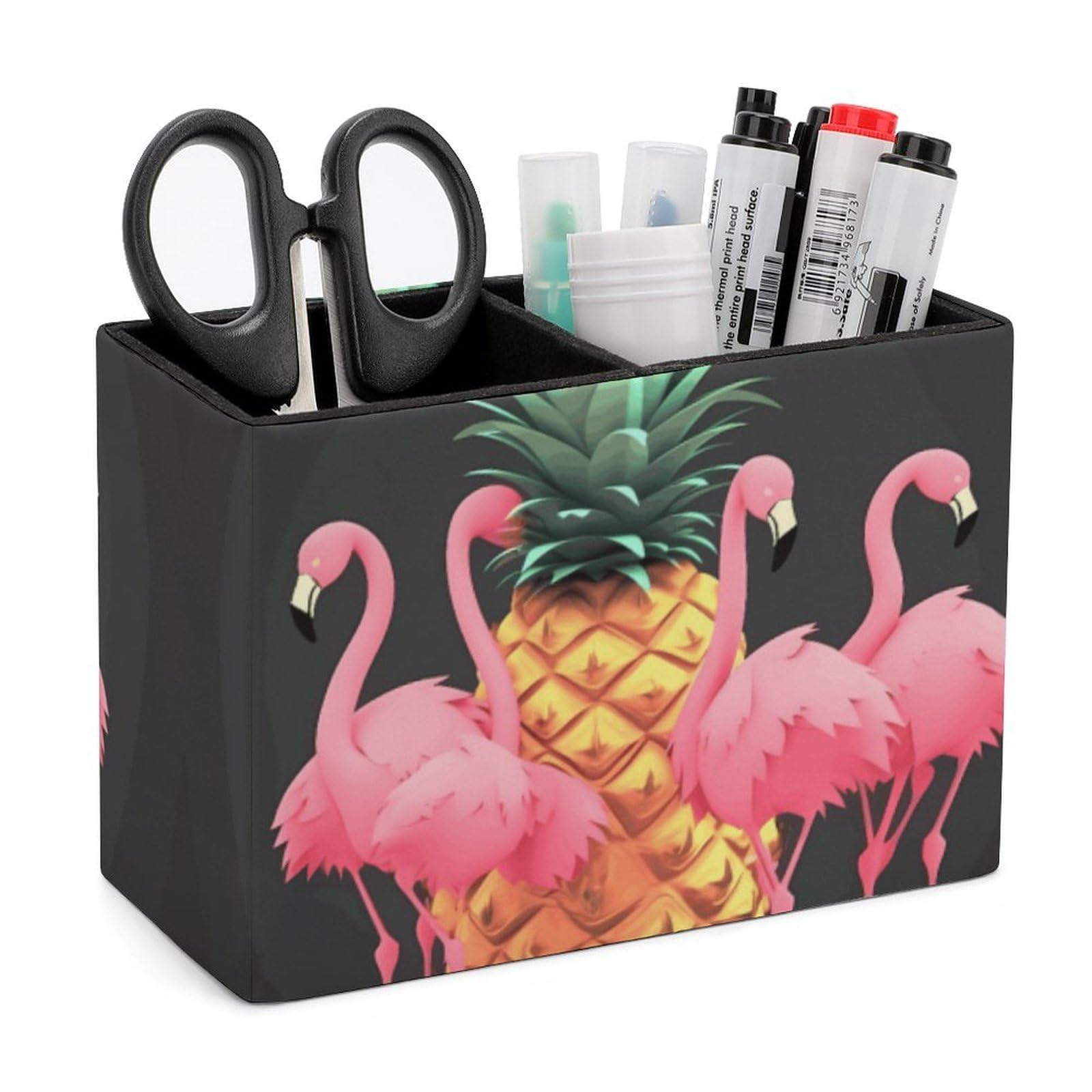 LZQPOEAS Exquisite Patterns PU Leather Pen Holder, Multifunctional Desktop Organizer Caddy with 2 Compartments, Pineapple Flamingos Pencil Cup Makeup Brush Holder for Office Home