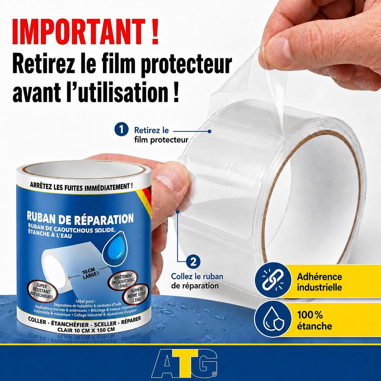 ATG® Kit réparation piscine sous l’eau scotch étanche transparent 10×150 cm ruban adhésif liner PVC