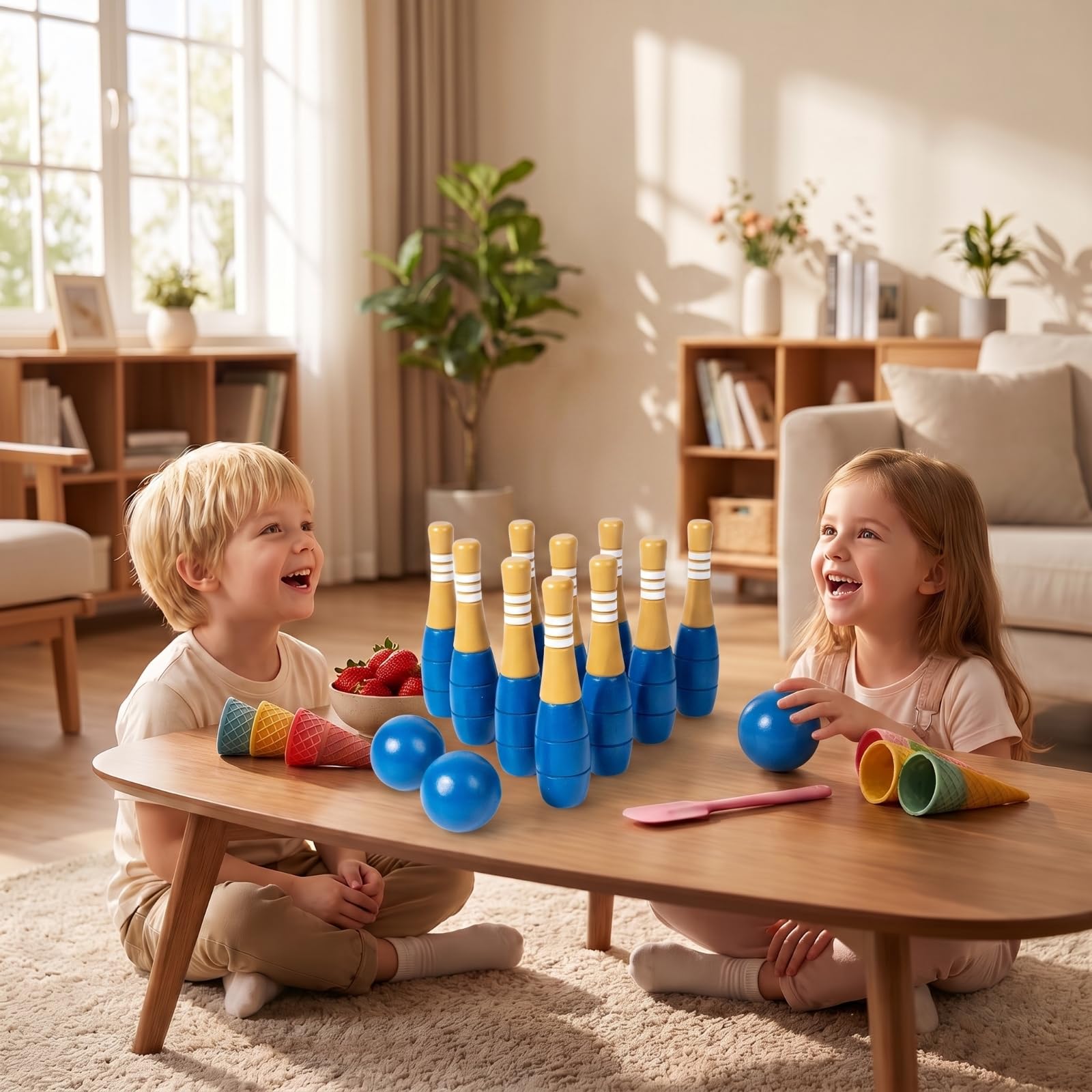 Kinder Bowling Spiel Kegelset Kegelbahn Bowlingset Bowlingpins aus Holz für Geschicklichkeit Räumliches Verständnis Sanftes Spiel Im Innenbereich für Kleinkinder Wohnzimmer