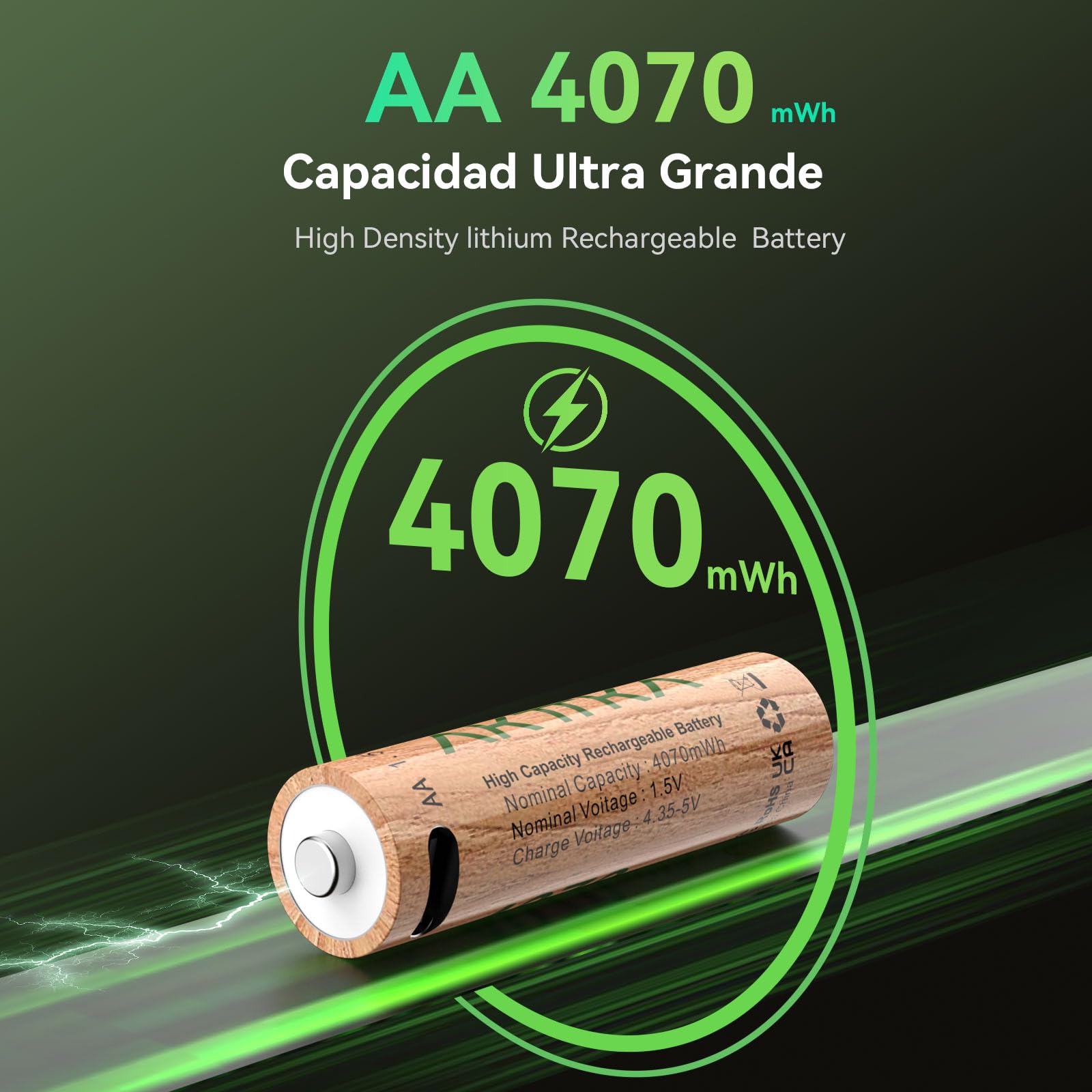 Pilas Recargables AA y AAA de Litio 1,5 V, 4× AA 4070 mWh + 4× AAA 1100 mWh, Carga 5V/2A, Carga Directa USB-C con Cable 1-a-4, para Mando, Báscula, Termómetro, Controlador