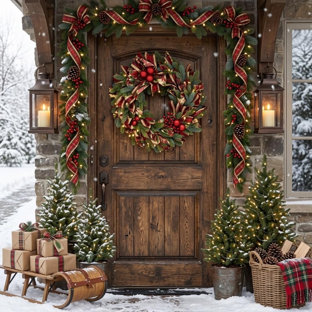 20 Inch Christmas Wreath for Front Door with Red Berries and Plaid Ribbons