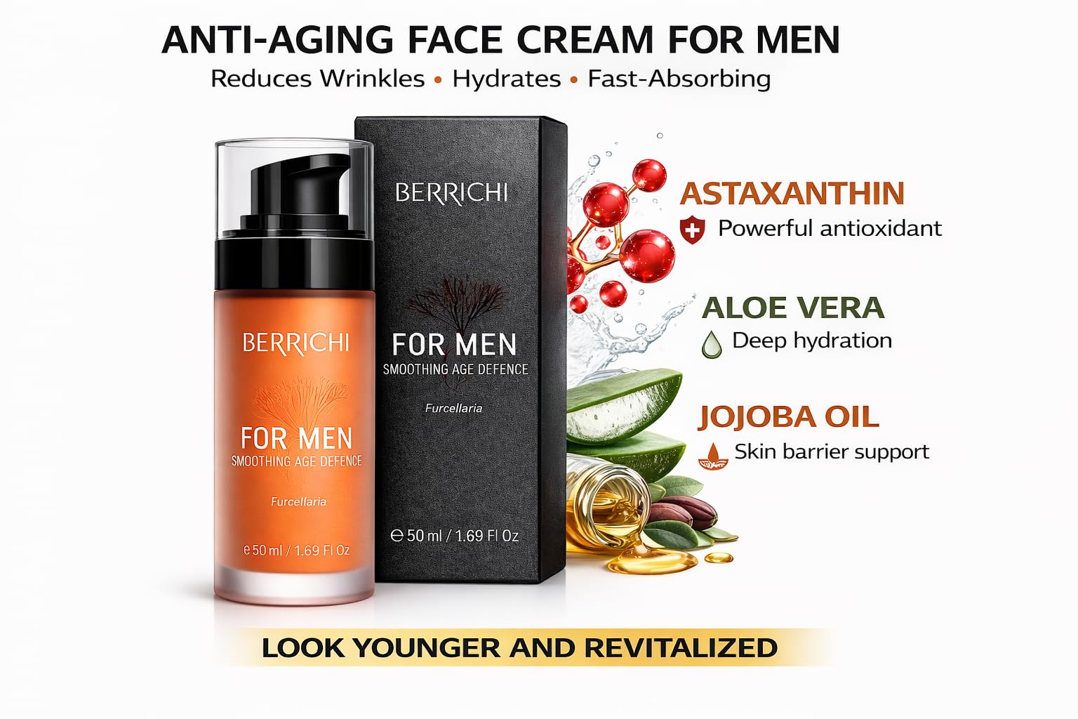 Crema facial natural antienvejecimiento para hombres - crema antiarrugas de rápida absorción para pieles mixtas secas y sensibles con astaxantina, aloe vera y aceite de jojoba I Cuidado facial vegano