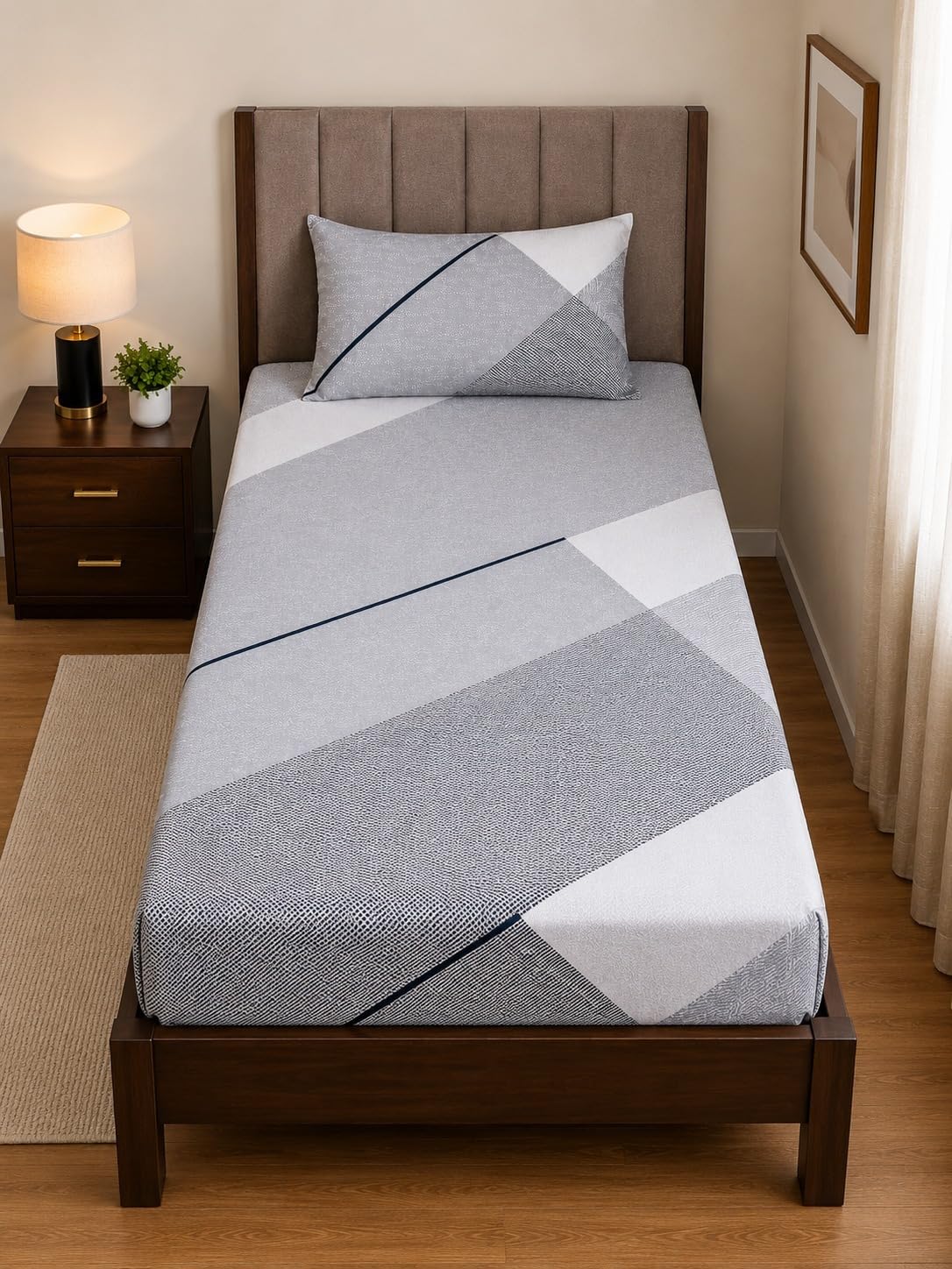 Room Single Bedsheet with 1 Pillow Cover, Single Bed, Printed- 60 x 90 Inches (Grey)-image-47