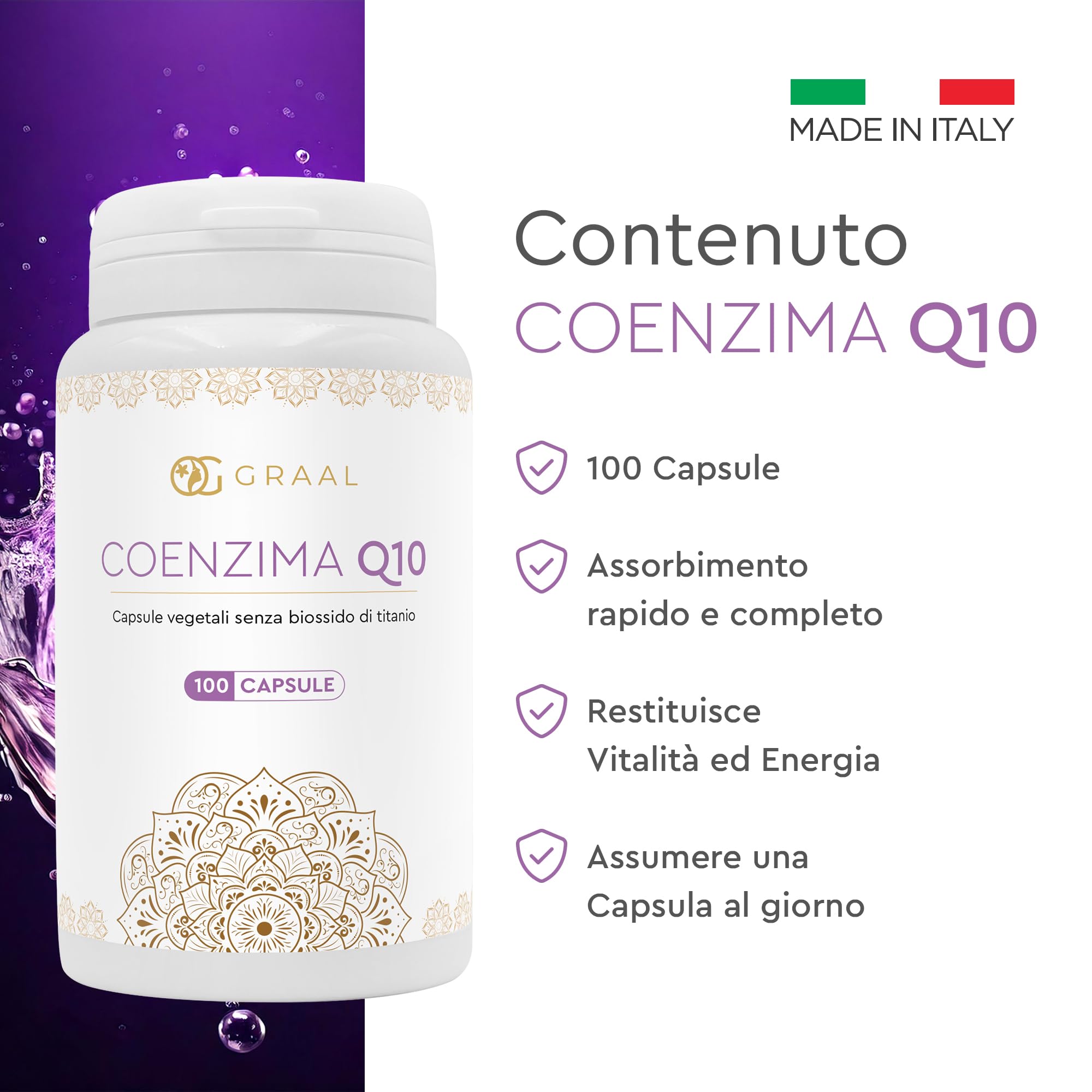 Graal Coenzima Q10 Migliore - Ubidecarenone (forma ossidata dell'Ubiquinolo) Naturale per Energia Cellulare, Azione Antiossidante, Contro l'Invecchiamento Cellulare e lo Stress Ossidativo