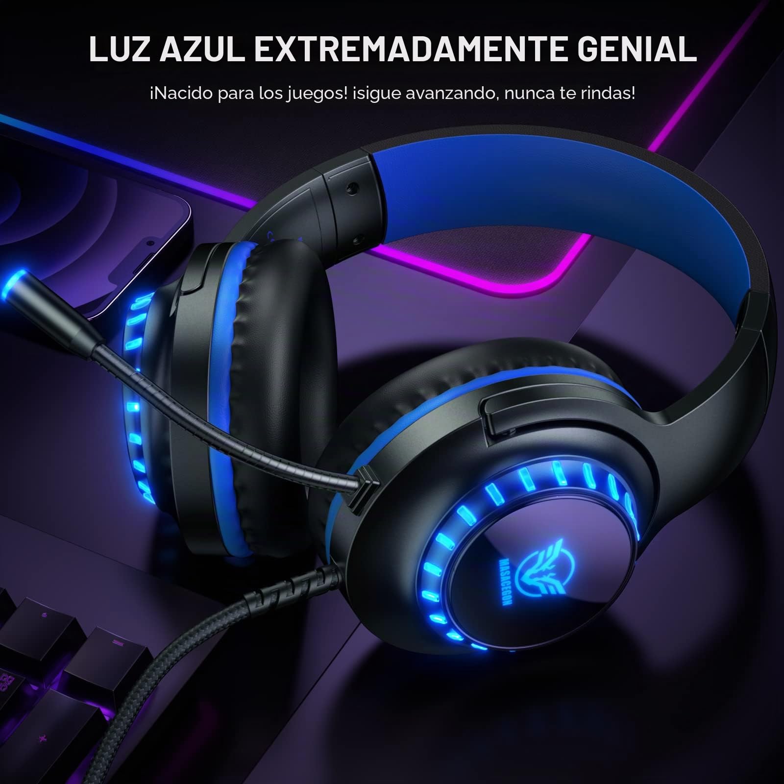 Pacrate Cascos Gaming para PS4/PS5/Xbox One/Nintendo Switch/PC, Auriculares Gaming con Microfono Cascos PS4, Cascos Gamer, Azul
