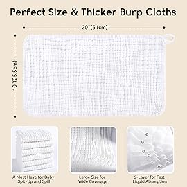 Unnivoll Muslin Burp Cloths for Baby 100% Cotton Burping Cloths for Boys Girls Large 20\'\'X10\'\' Extra Soft and Absorbent 12 Pack - White