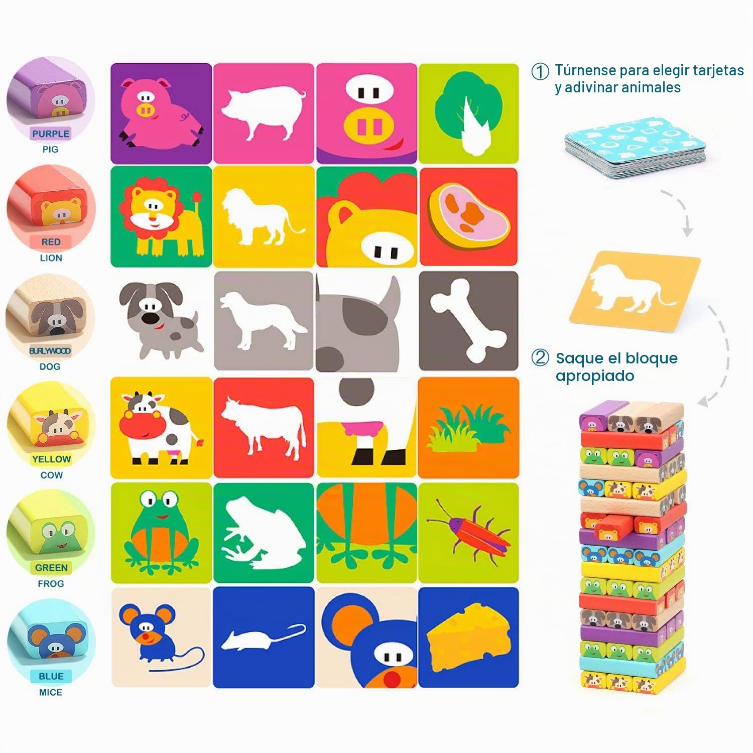 TOP BRIGHT 4 en 1 Torre de Bloques Infantil con Colores y Animales Juguete Educativo para Niños Niñas Juegos de Mesa Familiar con 51 Bloques 24 Cartas