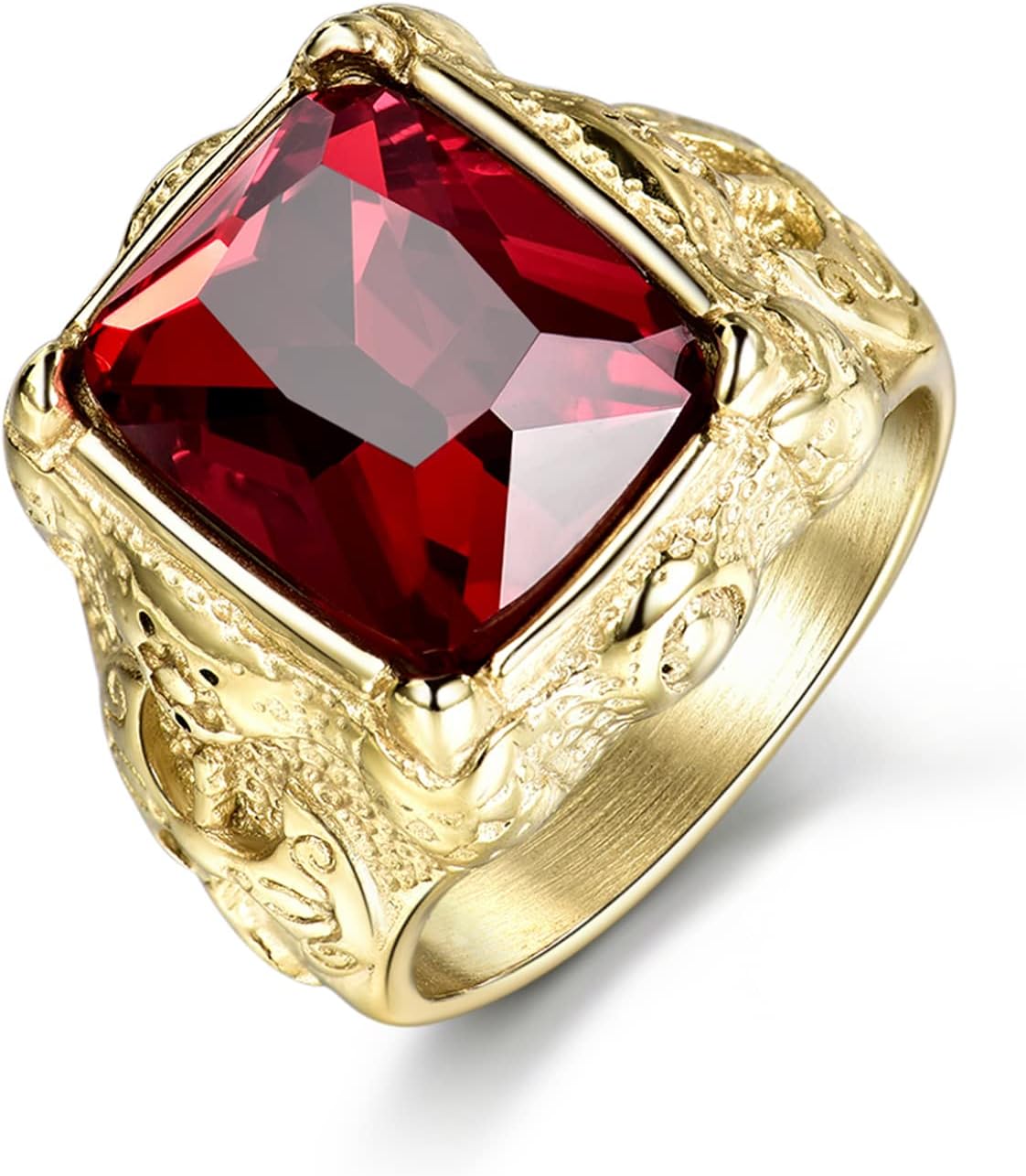 Luxury Gold Tone Engraved Mens Stainless Steel Rings with Red Ruby Garnet Color Stone Size 8-12