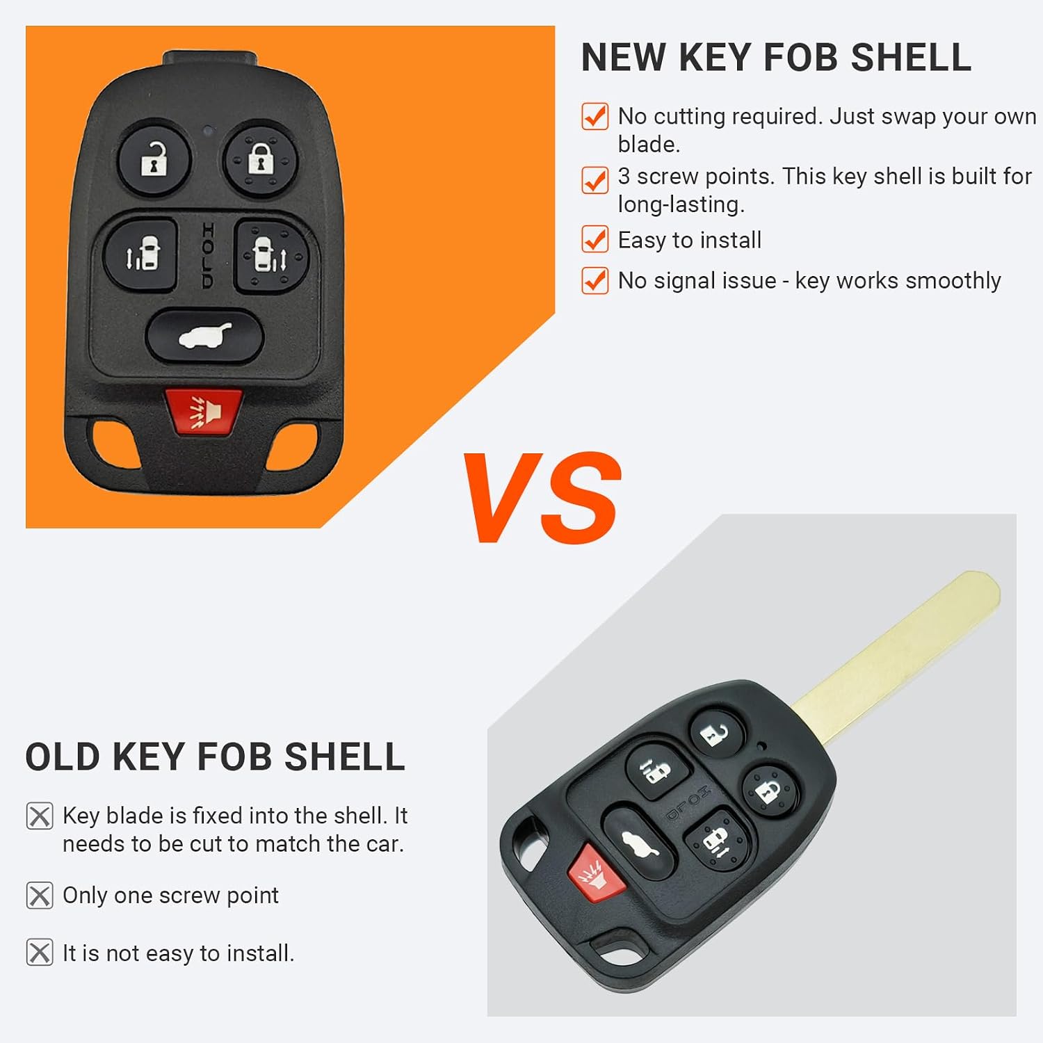 No Cutting Required - Upgraded Version Key Fob Case Shell for 2011 2012 2013 Honda Odyssey 6 Buttons Keyless Entry Replacement Car Key Cover (6 Button)
