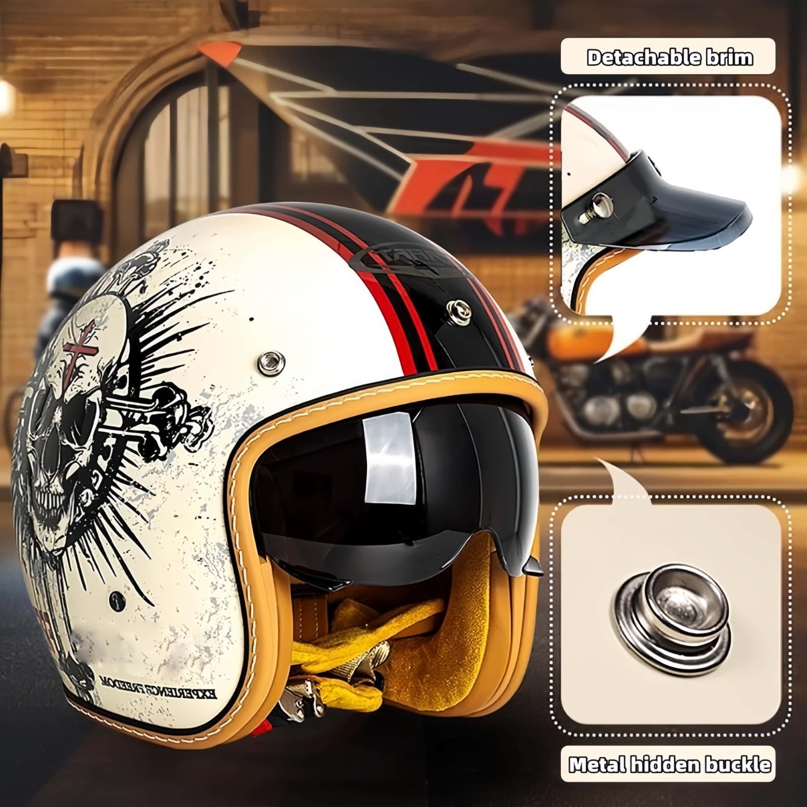 Kask motocyklowy w stylu vintage z wizjerem, otwarty kask motocyklowy retro 3/4, otwarty kask motocyklowy, dla kobiet i mężczyzn, dopuszczony do użytku w drogach publicznych, certyfikat ECE DOT, M (55
