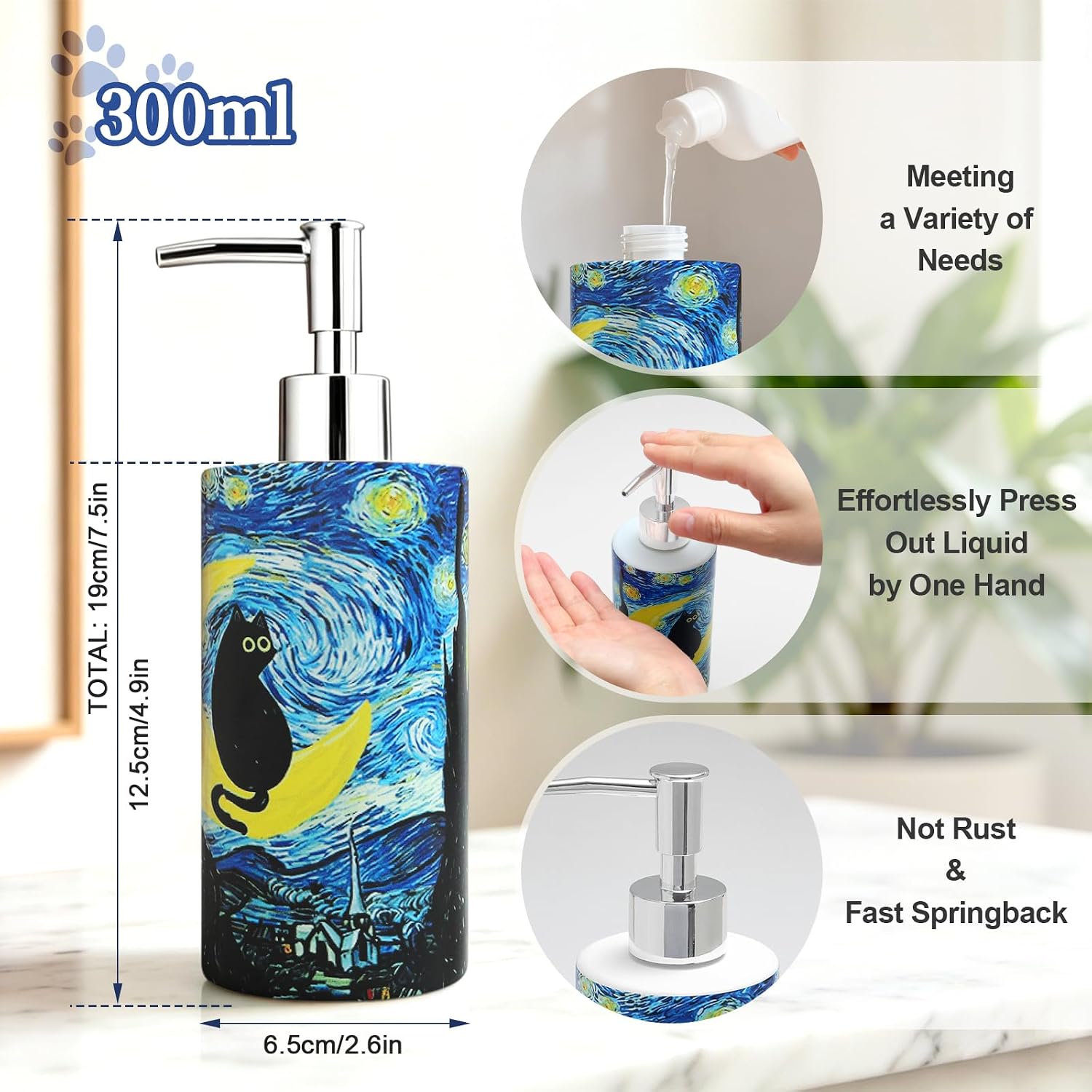 FYSUIMU Black Cat Soap Dispenser Van Gogh Starry Night Ceramic Soap Pump Bottle Refillable Handsoap Container for Kitchen Bathroom Countertop Decor