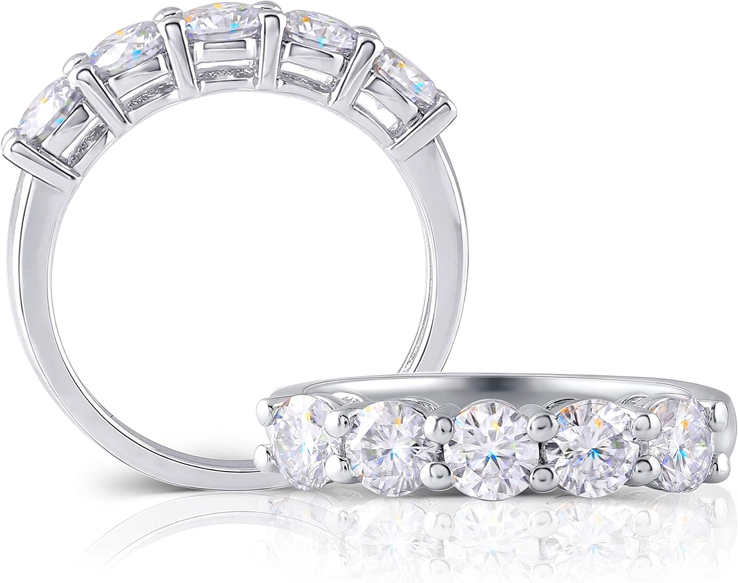 DovEggs Moissanite Wedding Band for Women Half Eternity Stackable Wedding Rings 1.25 CTW FGH Color Lab Grown Diamond Sterling Silver with 18K White Gold Engagement Ring Anniversary