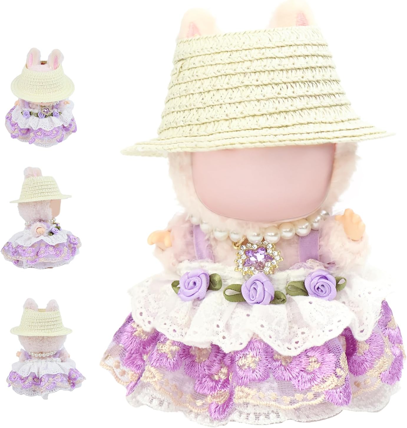 Clothes for labubu Skirt Set for Doll 3 Piece Set with Dress Outfit Hat Necklace Chic Dress for Dolls Accessories (NO Doll)(Cream Tweed)