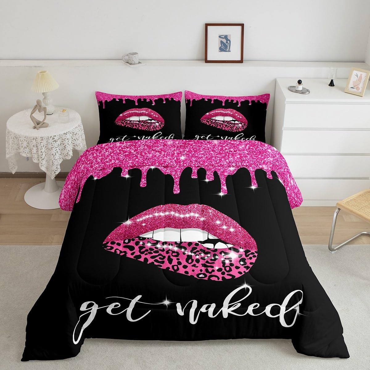 Feelyou Black Bedding Set Queen, Get Naked Lips Comforter Set Lips Comforter for Kids Toddler Ombre Black and Red Duvet Set with 2 Pillow Case