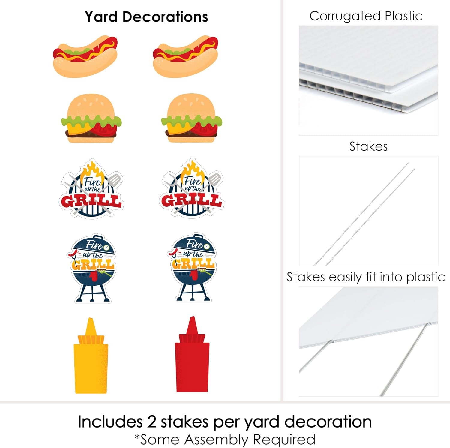 Big Dot of Happiness Fire Up the Grill - Grill, Ketchup, Mustard, Hot Dog, and Burger Lawn Decorations - Outdoor Summer BBQ Picnic Party Yard Decorations - 10 Piece