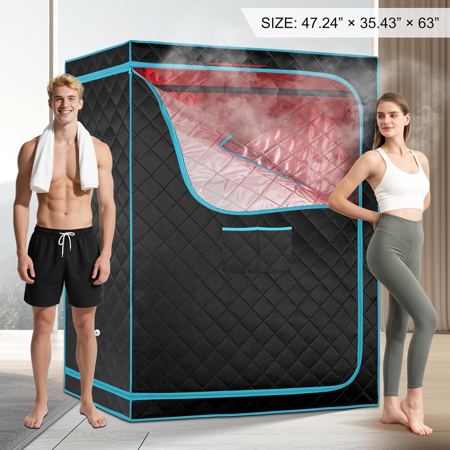 ZONEMEL 2-Person Large Steam Sauna with Remote Control, 4L Steamer, Red Light Therapy Panel & 2 Chairs, Portable Home Spa (47.2" x 35.4" x 63")