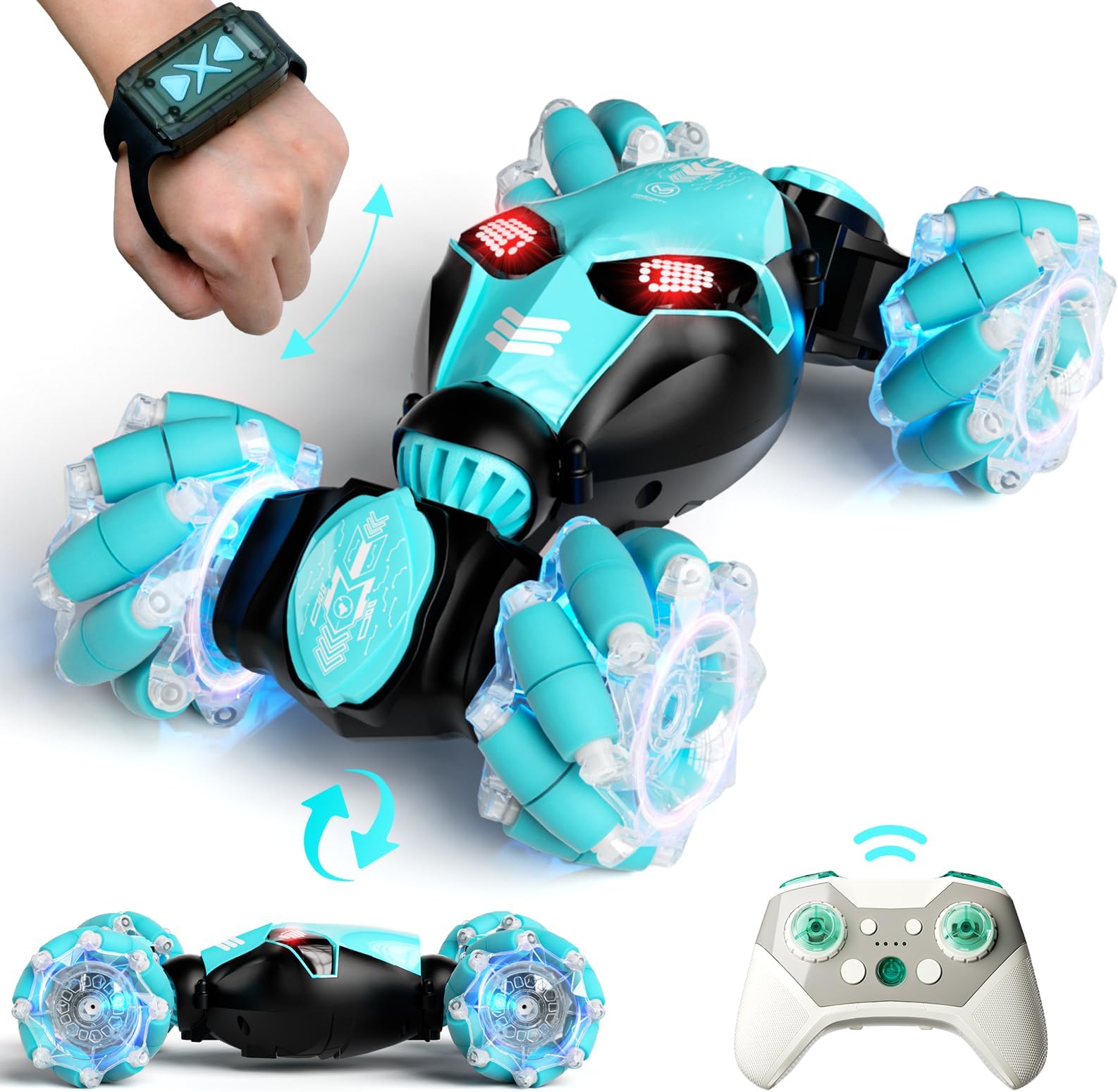 Remote Control Car, Gesture Sensor RC Stunt Cars Toys for Boys Age 8 9 10 11 12+ Years Old, 2.4GHz 4WD RC Double Sided 360° Flips Off Road Vehicle Toy with Lights/Music, Gifts for Kids Girls Blue