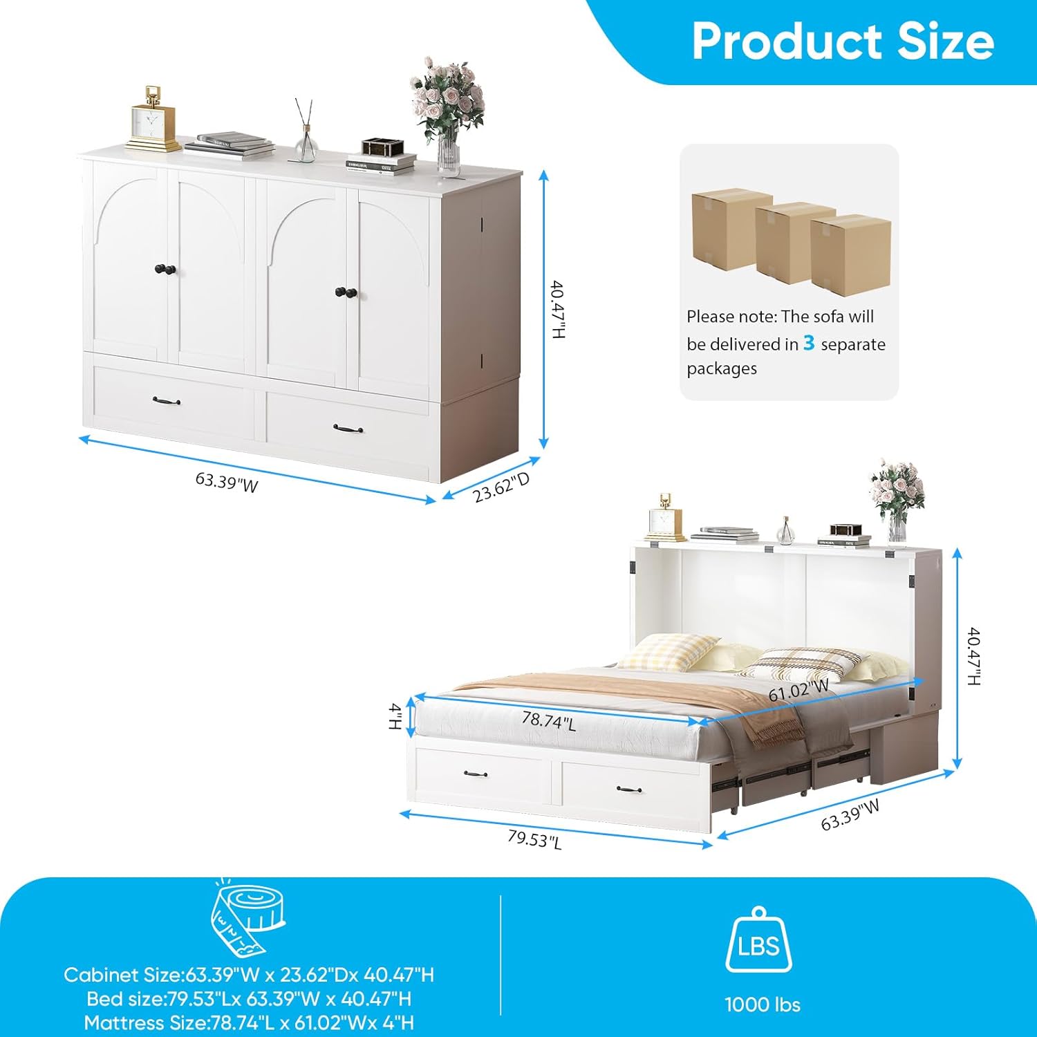 Mjkone Queen Size Murphy Bed with Charging Station, Queen Cabinet Murphy Bed with Tri-folding Mattress, Solid Wood Cabinet Beds with Tri-Fold Mattress and Storage Drawers for Guest Room Bedroom, White