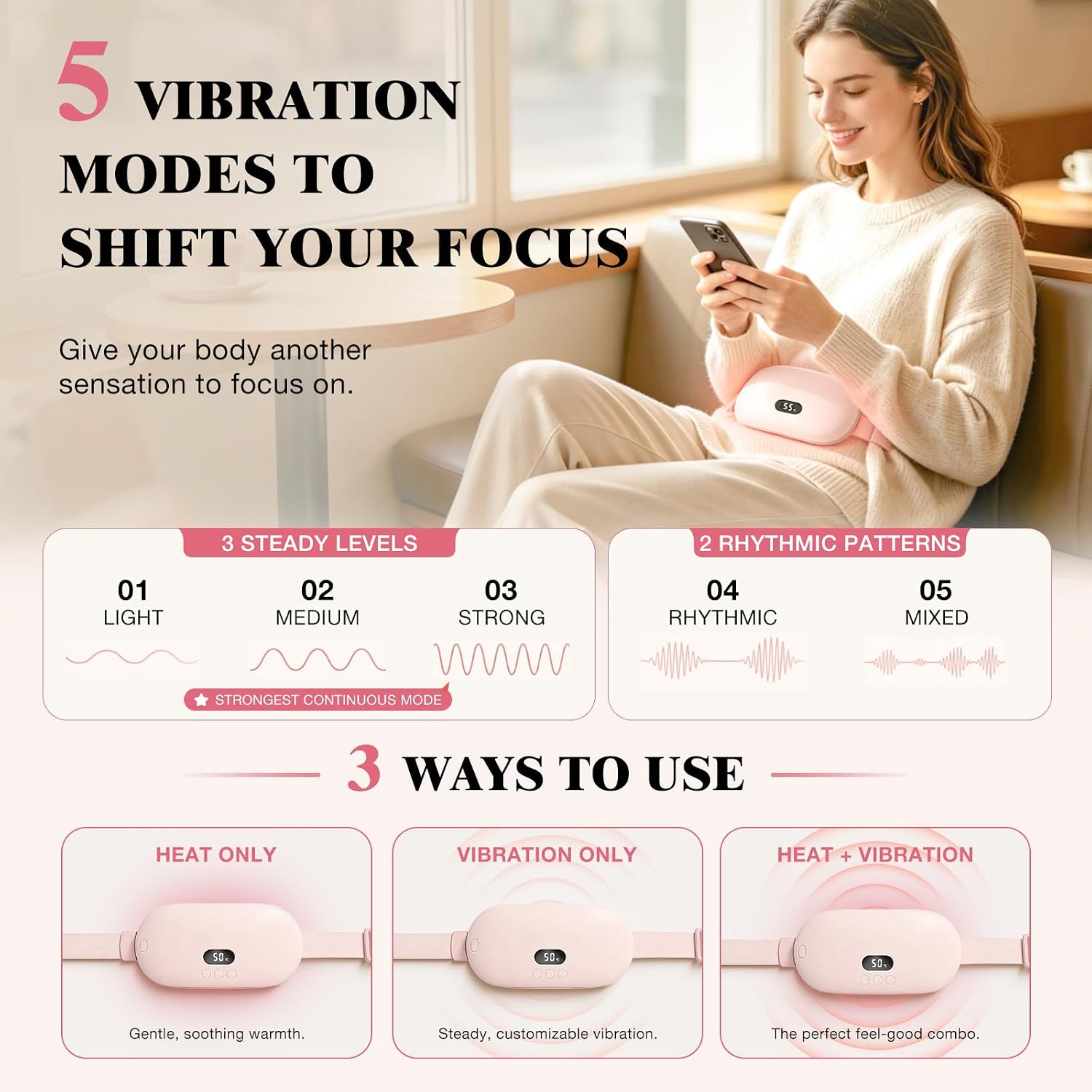 Portable Heating Pad for Period Cramps, Cordless Rechargeable Wearable Menstrual Heating Pad for Women, 4000mAh, 5 Heat Levels, 5 Vibration Modes, Up to 15H Use, FSA Eligible HSA, USB-C, Pink image 5