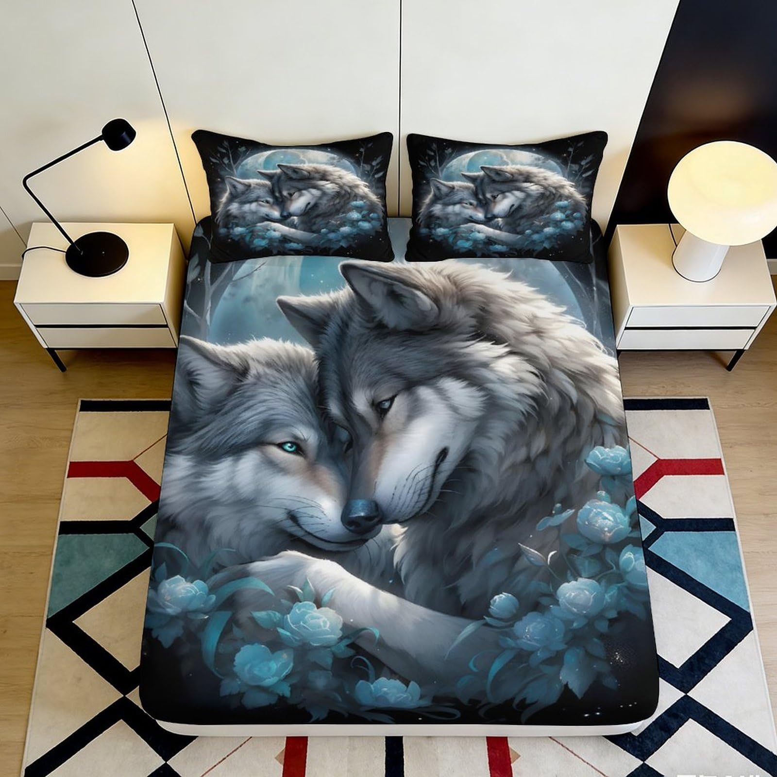 3D Printed Wolf Couple Fitted Sheet Microfiber Anti-Slip Floral Mattress Cover for Bedroom Guestroom Dorm Bed Decor 120x200cm 120x200x25cm