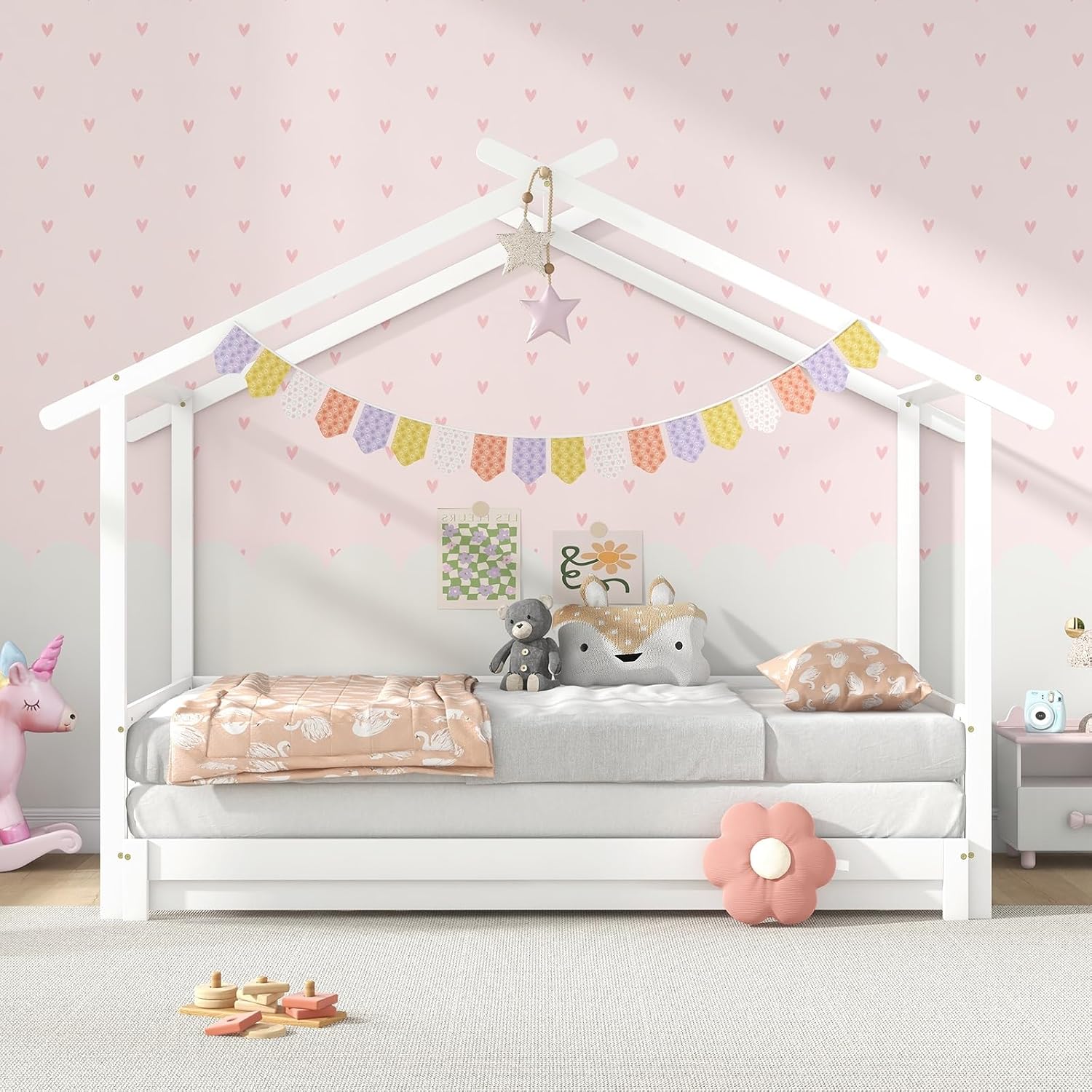 DORTALA Wood Extendable House Bed, Twin to King Bed with Roof & Fence Rails, Roof-Shaped Floor Montessori Daybed for Kids, Teens, Boys & Girls, Montessori Daybed, No Box Spring Needed (White)