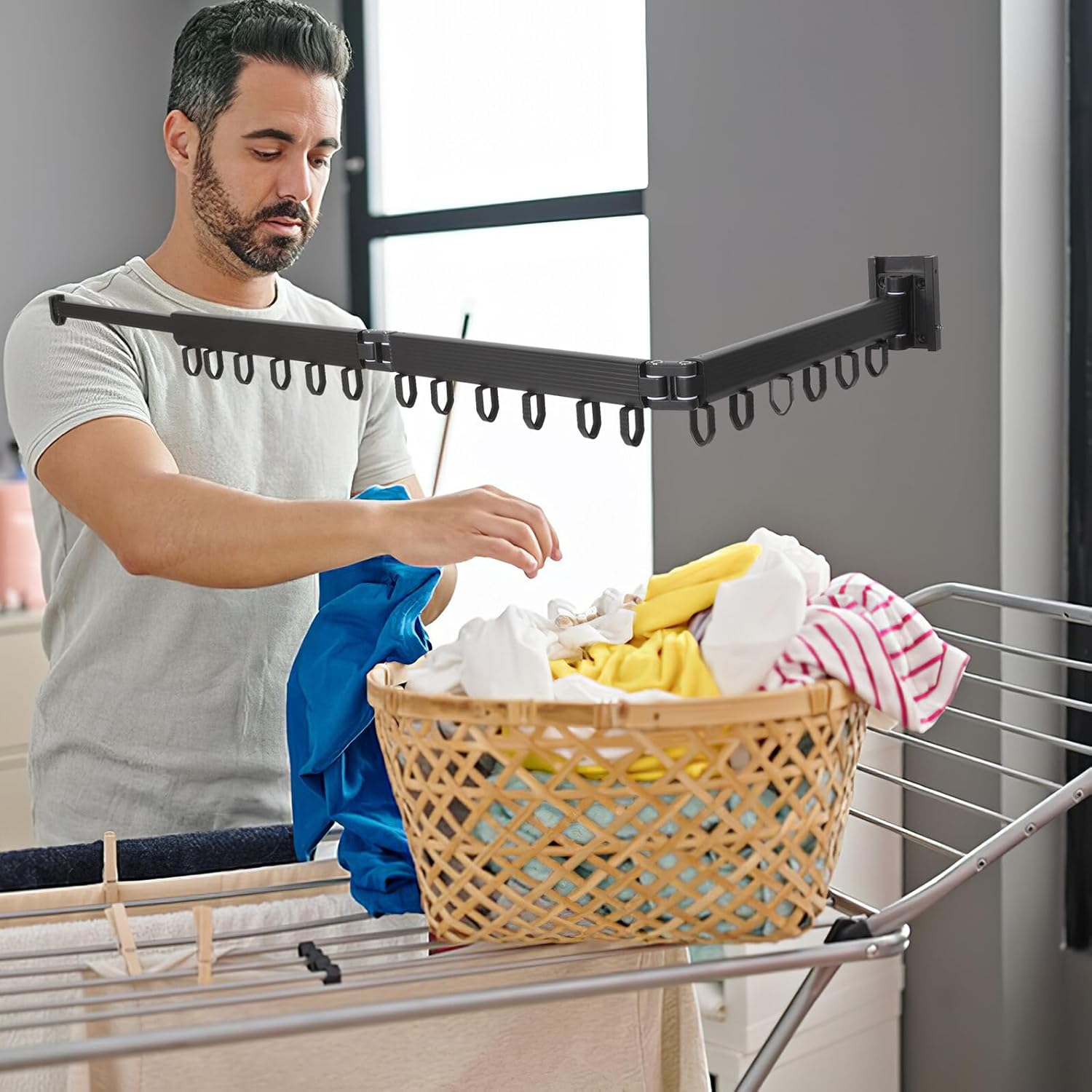 Expandable Wall Mounted Clothes Drying Rack Laundry Hanger Space-Saving Windproof Organizer for Balcony Bathroom Home Use Easy No-Punch Installation