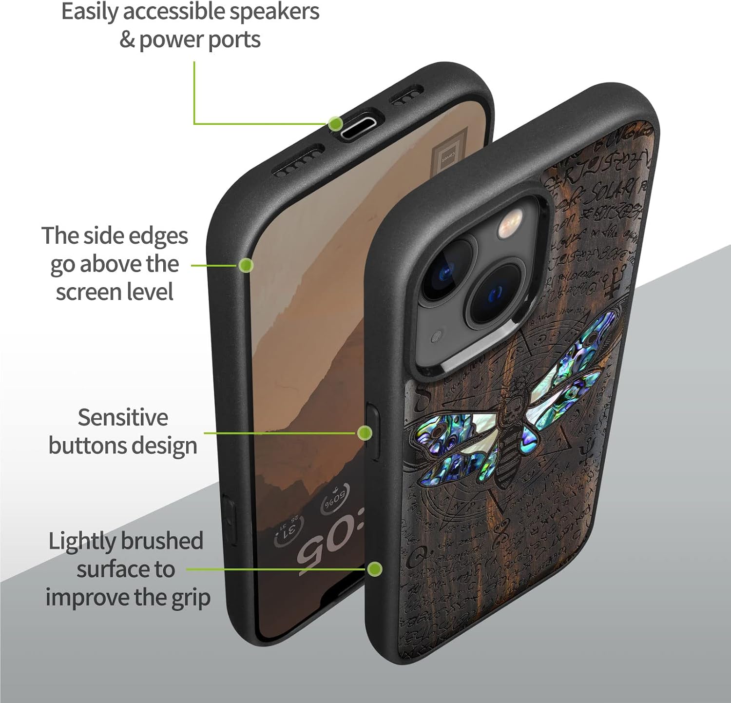 Carveit Designer Wooden Magnetic Case for iPhone 14 Plus Case [Wood Engraving & Shell Inlay] Unique Wood Phone Cover Compatible with 14 Plus MagSafe 6.7 Inch (Death's Head Moth-Blackwood)