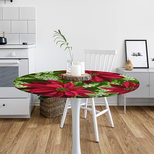 Miniatura 7 de Mantel redondo ajustado con flores de Pascua de Navidad con borde elástico, lavable, protector de mesa para comedor, cocina, picnic, fiesta, ajuste