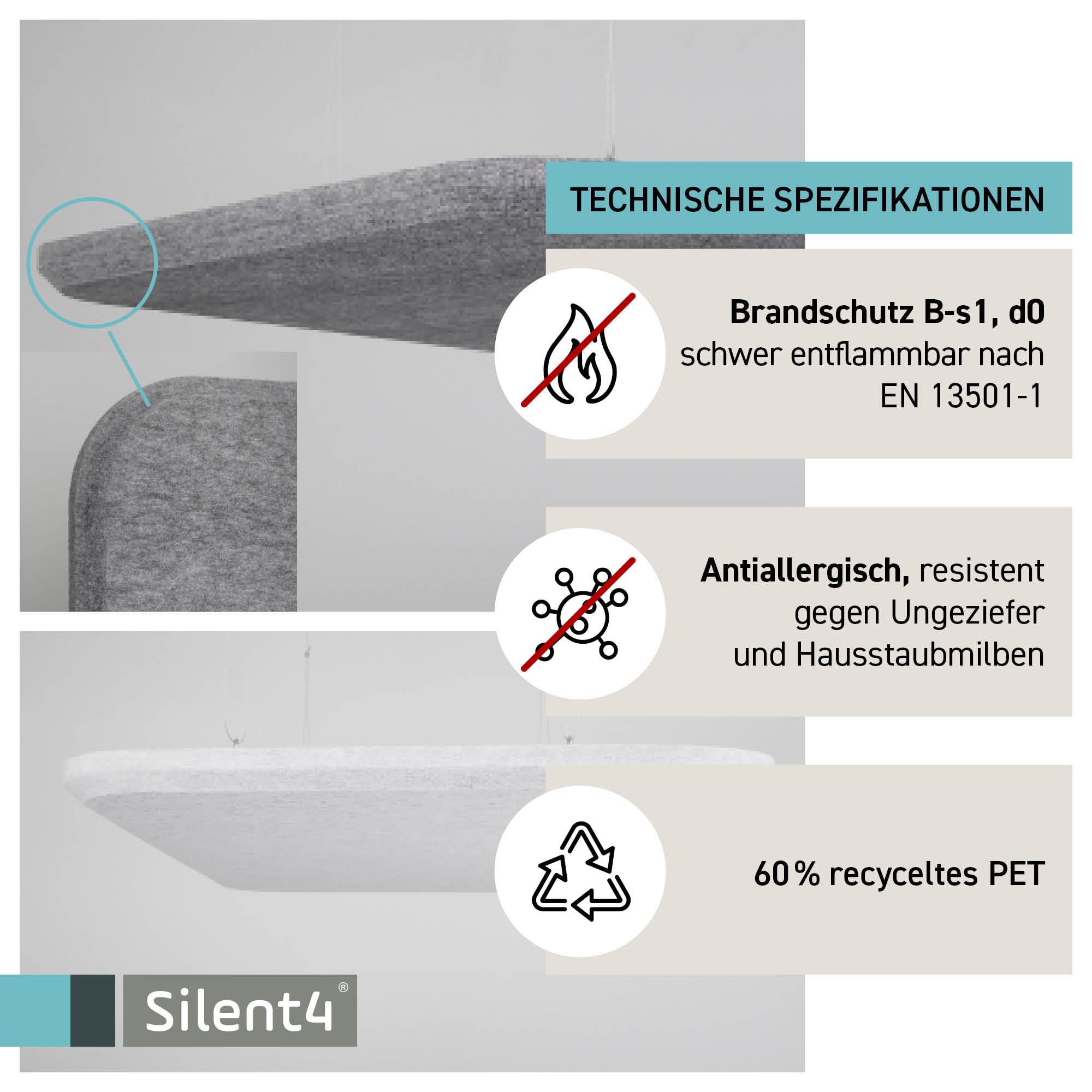 SILENT4® Plafond absorbant acoustique 114x72x4cm en non-tissé acoustique, montage par câble, acoustique améliorée prouvée par panneau acoustique en blanc
