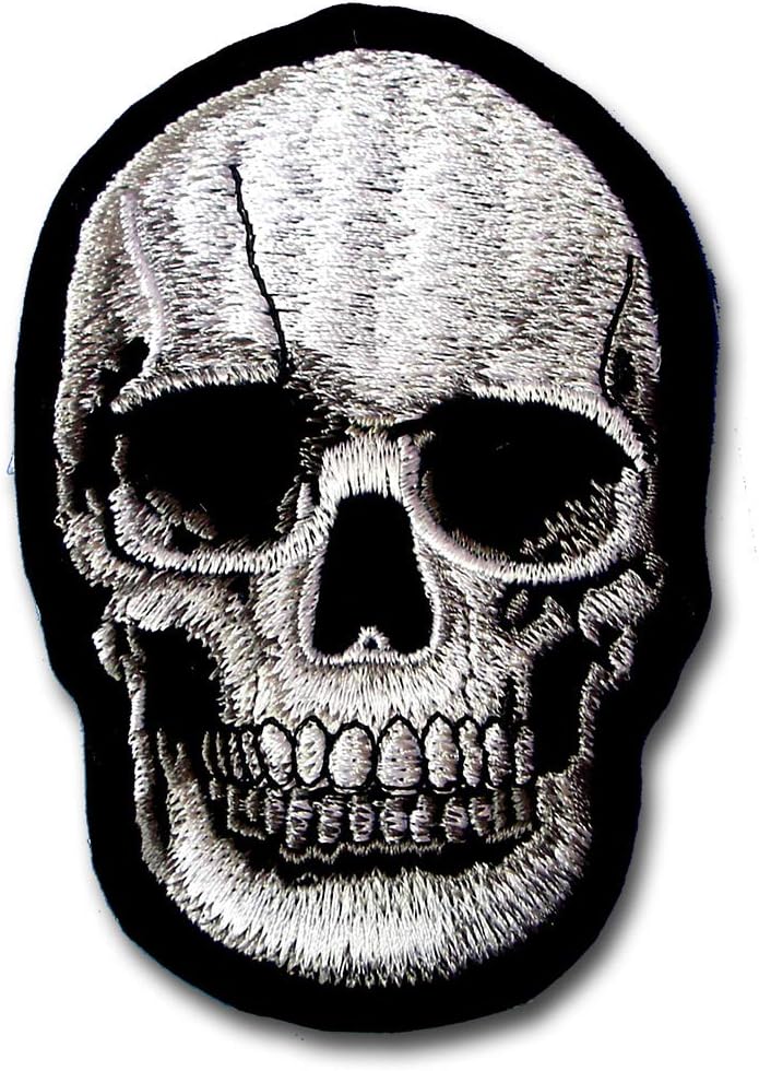 Realistic Human Skull Head Dead Patch Jolly Roger Crossbone Grim Reaper Harley Lady Rider Biker Punk Heavy Metal Hard Rock Tatto Embroidered Iron on Badge Emblem