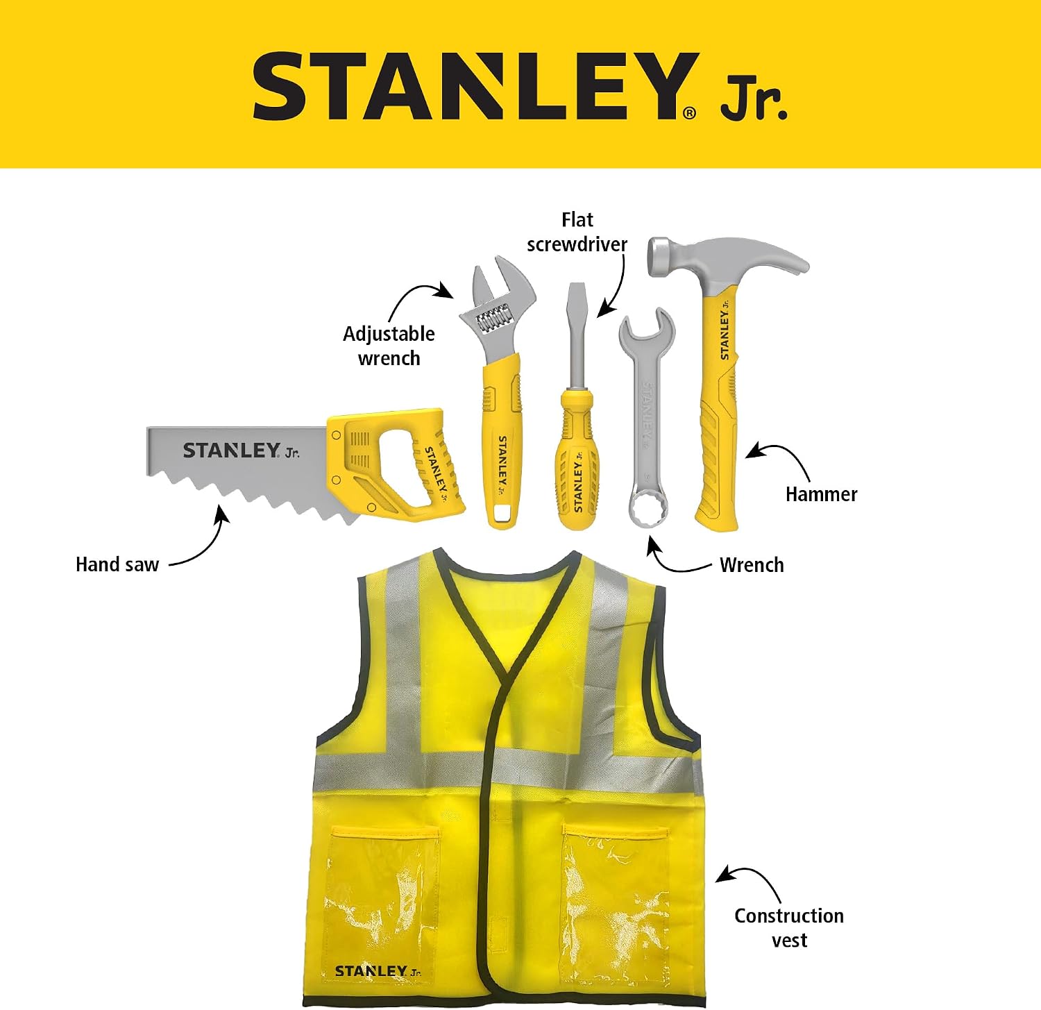 Stanley Jr. Construction Worker Role Play Costume Dress-Up Set 6 pcs - Pretend Play Construction Worker Costume Set for Kids, Ages 3+