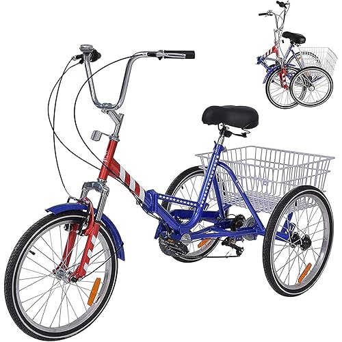 Barbella Adult Folding Tricycles Folding Bikes, 7 Speed 20/24/26 Inch 3 Wheel Adult Trikes Cruiser Bike with Large Basket, Foldable Tricycle for Adults, Women, Men, Seniors